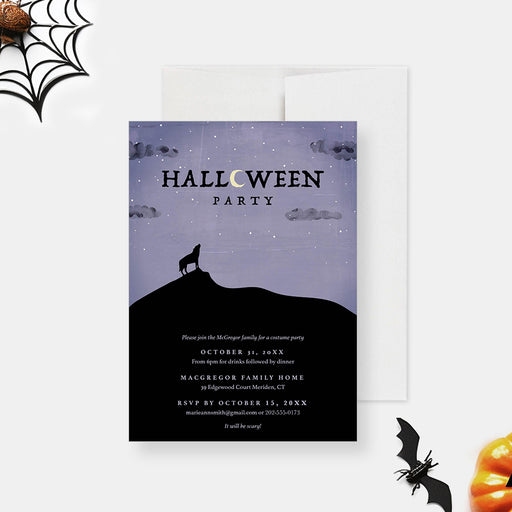 Spooky Halloween invitation with howling wolf and moon design