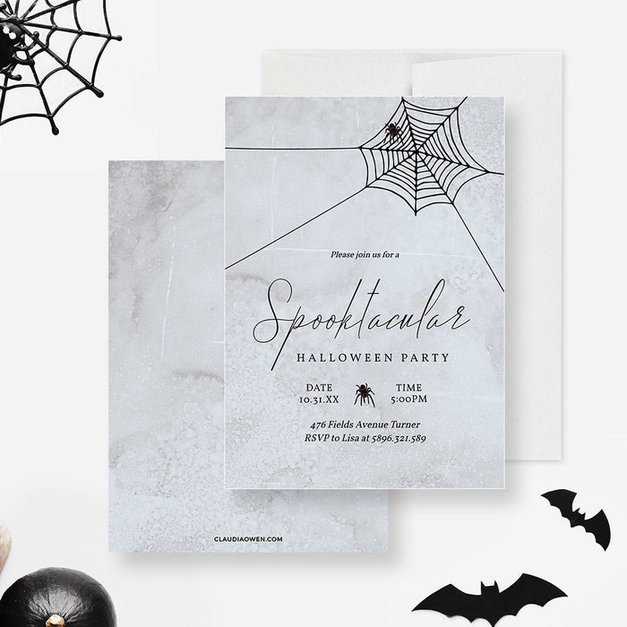 Minimalist gray Halloween party invitation with black spider web and elegant spooky lettering
