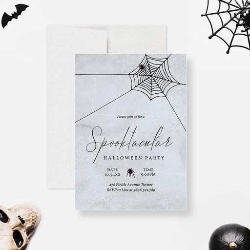 Minimalist gray Halloween party invitation with black spider web and elegant spooky lettering