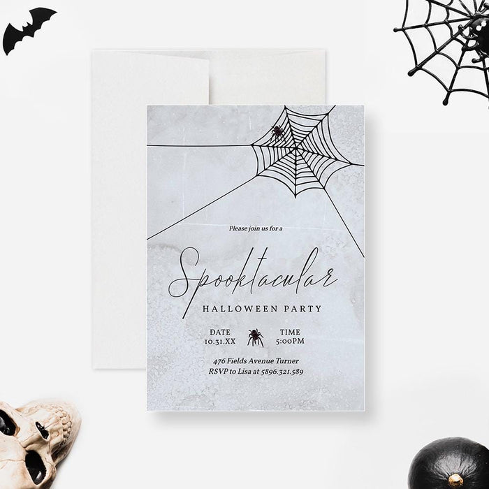 Minimalist gray Halloween party invitation with black spider web and elegant spooky lettering