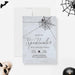 Minimalist gray Halloween party invitation with black spider web and elegant spooky lettering