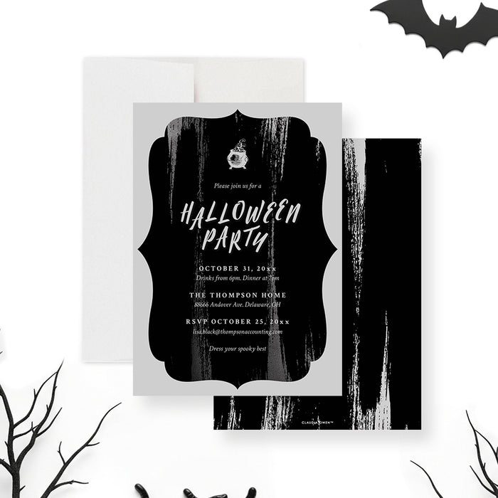 Black Halloween party invitation featuring an elegant spooky design with white lettering on a dark background for an adult costume party-front-back