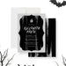 Black Halloween party invitation featuring an elegant spooky design with white lettering on a dark background for an adult costume party-front-back