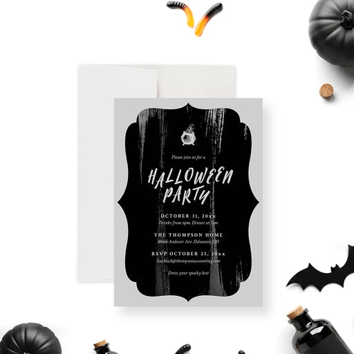 Black Halloween party invitation featuring an elegant spooky design with white lettering on a dark background for an adult costume party-front