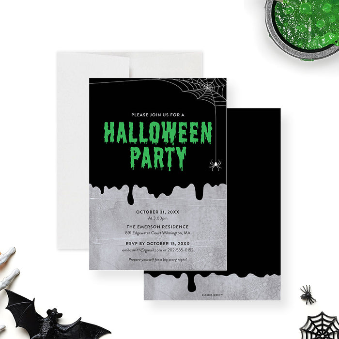 Printed Halloween party invite with creepy spider design for October events-front-back