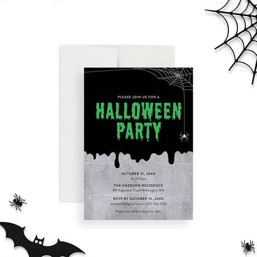 Printed Halloween party invite with creepy spider design for October events-front