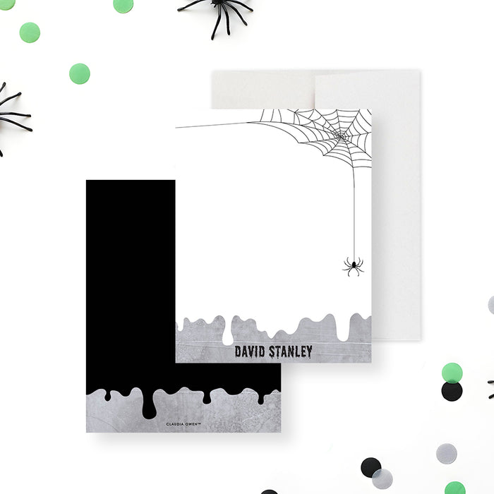 Halloween note card featuring a spider web and hanging spider design, customizable name, spooky stationery with a dripping effect.-front-back