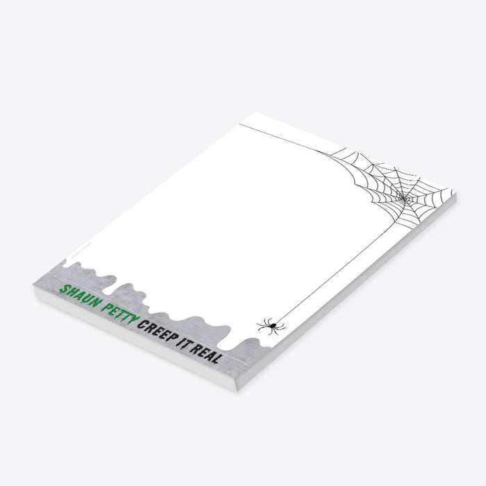 Personalized Halloween notepad with spider web and dangling spider design.-side