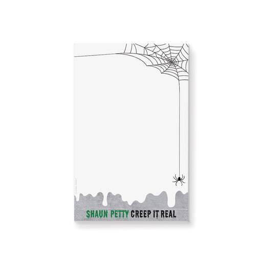 Personalized Halloween notepad with spider web and dangling spider design.