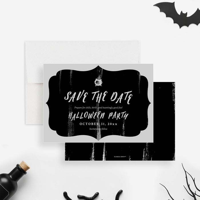 Black Halloween save the date card featuring an elegant spooky design with white lettering on a dark background for an adult costume party-front-back