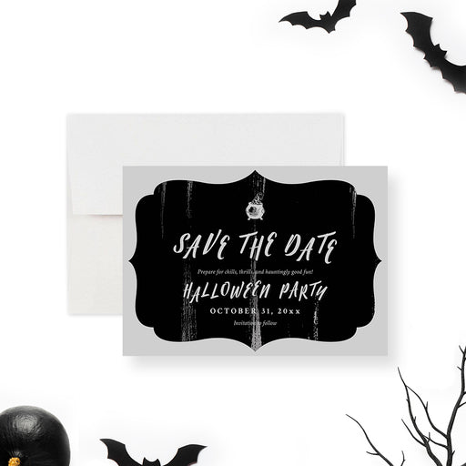 Black Halloween save the date card featuring an elegant spooky design with white lettering on a dark background for an adult costume party-front