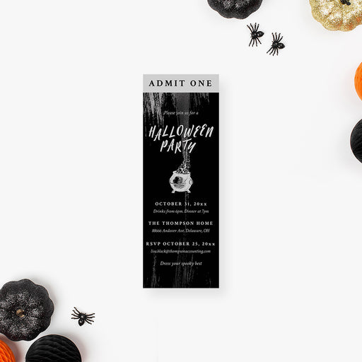 Black Halloween ticket invitation featuring an elegant spooky design with admit one format for a stylish adult costume party