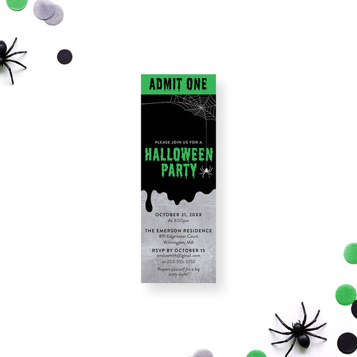 Halloween ticket invitation featuring a spider web illustration, with a green and black dripping design, customizable for spooky events.