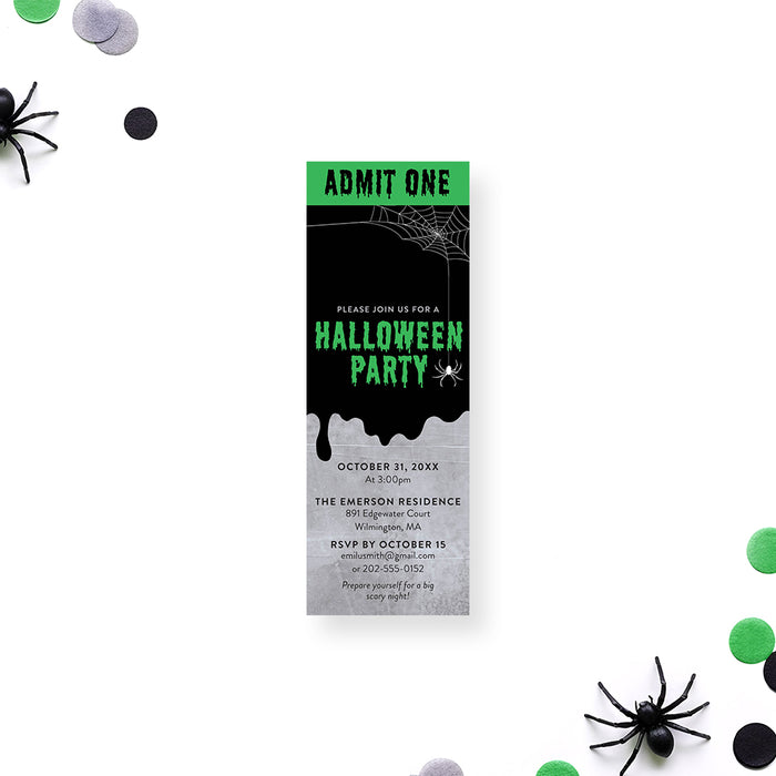 Halloween ticket invitation featuring a spider web illustration, with a green and black dripping design, customizable for spooky events.
