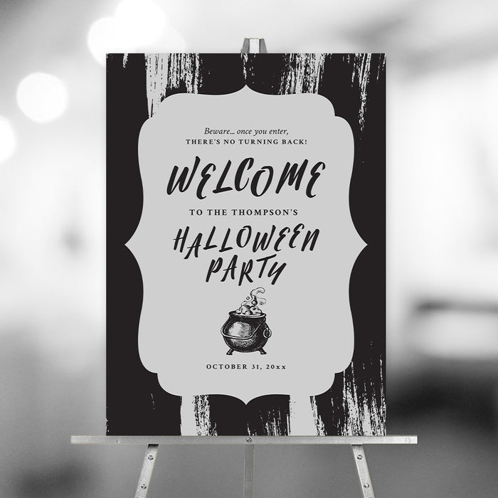 Black Halloween welcome sign featuring an elegant spooky design with witch cauldron illustration for a stylish party entrance display