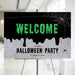 Halloween welcome sign featuring dripping text, spider web, and hanging spider, customizable spooky party entrance decor.