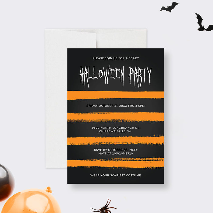 Halloween party invitation template with black background, orange brush strokes, and spooky text