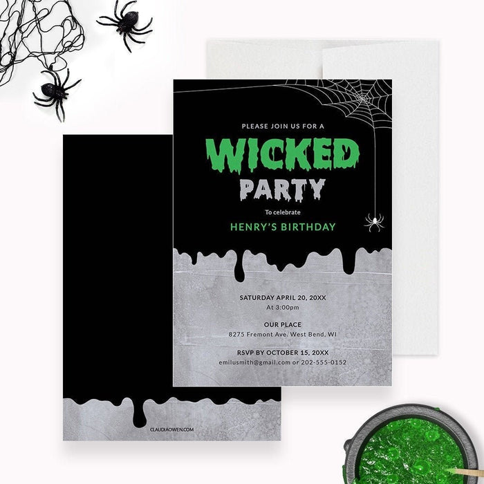 Wicked Party Halloween birthday invitation printable design with spider web