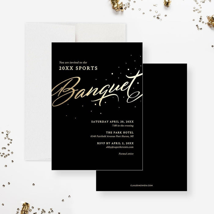 Black and gold invitation card for a sports banquet on a white background with confetti.