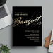 Sports banquet invitation card on a gray surface with a laptop and stationery items.