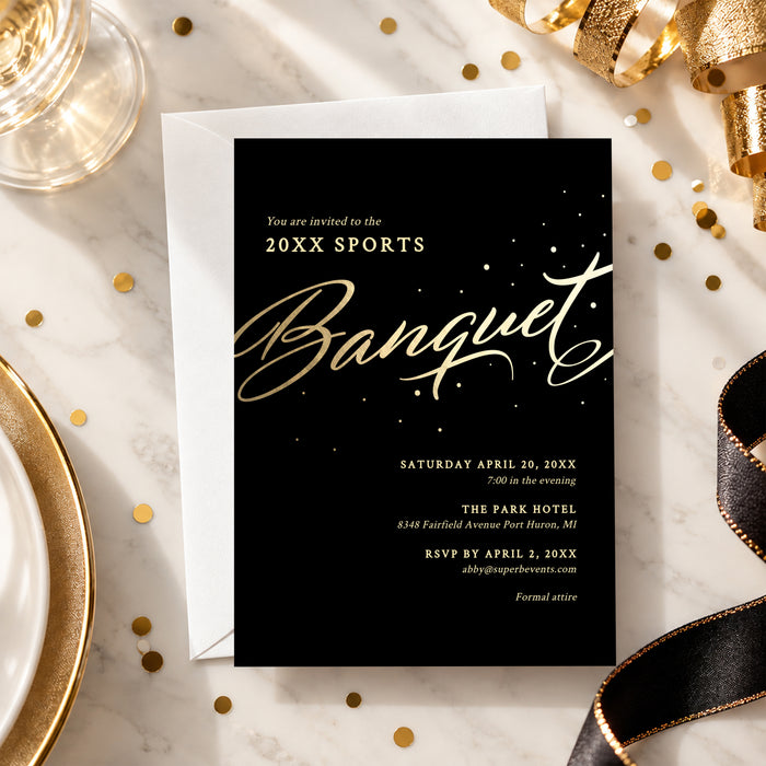 A black and gold sports banquet invitation template featuring elegant gold script lettering, sparkling accents, and event details on a black background.