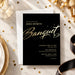 A black and gold sports banquet invitation template featuring elegant gold script lettering, sparkling accents, and event details on a black background.