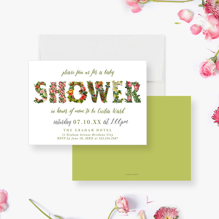 Floral Baby Shower Invitation Card, It's a Baby Girl, Spring Baby Shower Invitations with Flower Illustrations