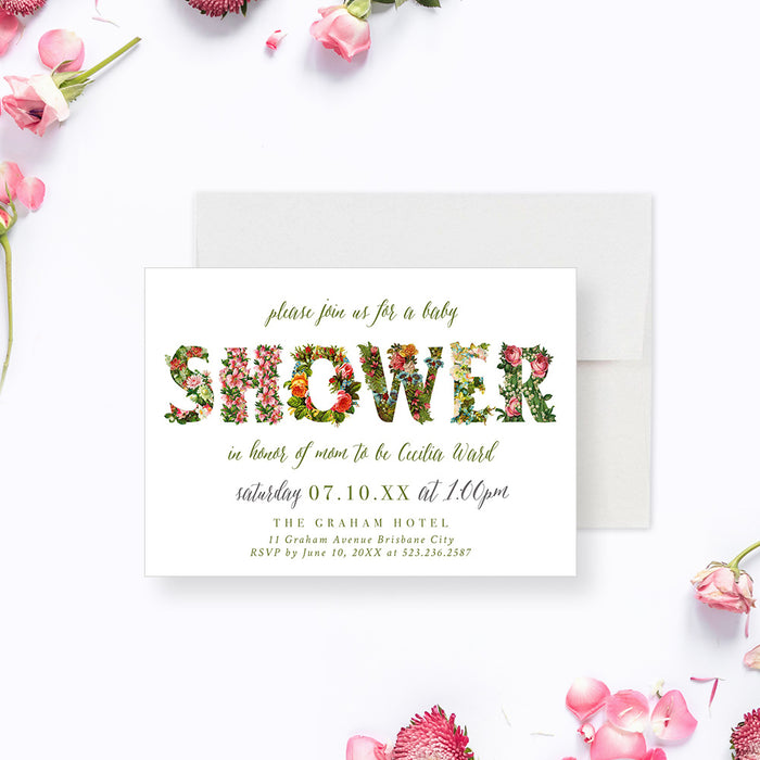 Floral Baby Shower Invitation Card, It's a Baby Girl, Spring Baby Shower Invitations with Flower Illustrations