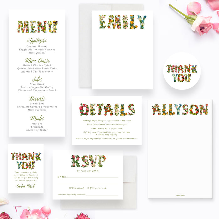 Floral Baby Shower Invitation Card, It's a Baby Girl, Spring Baby Shower Invitations with Flower Illustrations