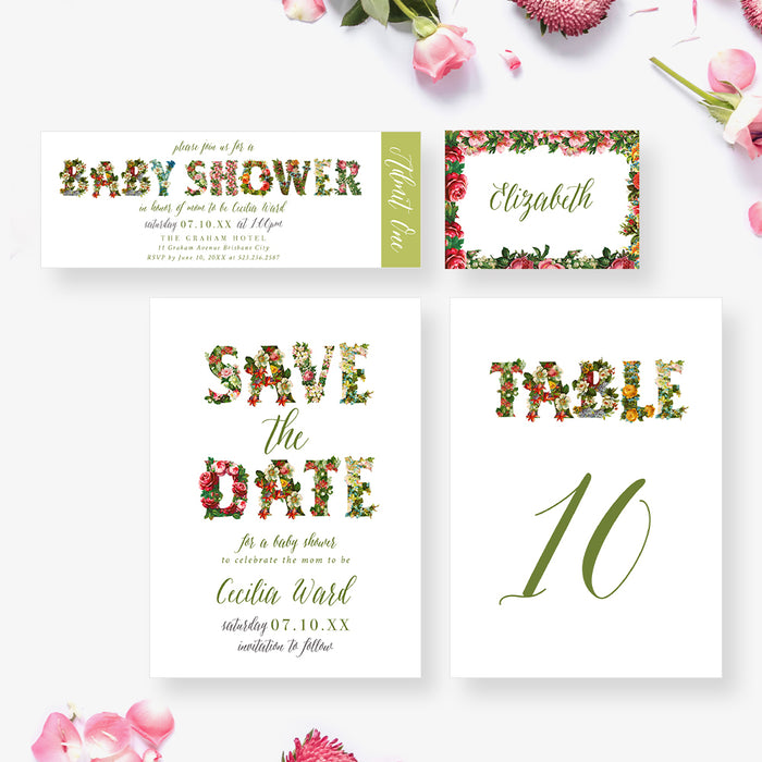 Floral Baby Shower Invitation Card, It's a Baby Girl, Spring Baby Shower Invitations with Flower Illustrations