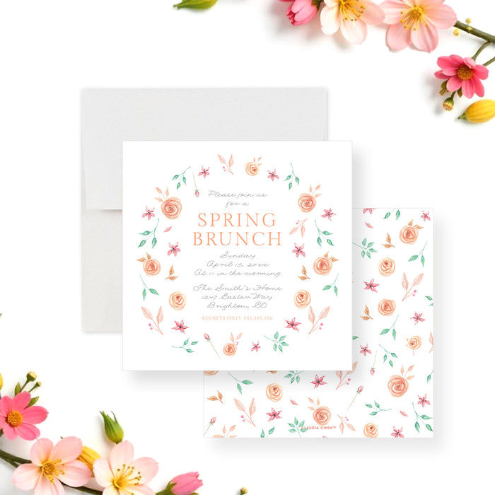 Spring brunch invitation with a soft pastel floral wreath, ideal for spring festivities.-front-back