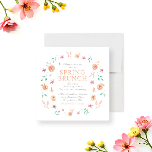 Spring brunch invitation with a soft pastel floral wreath, ideal for spring festivities.-front