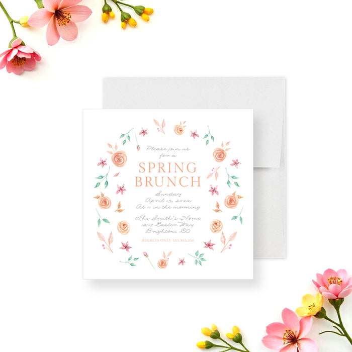 Spring brunch invitation with a soft pastel floral wreath, ideal for spring festivities.-front
