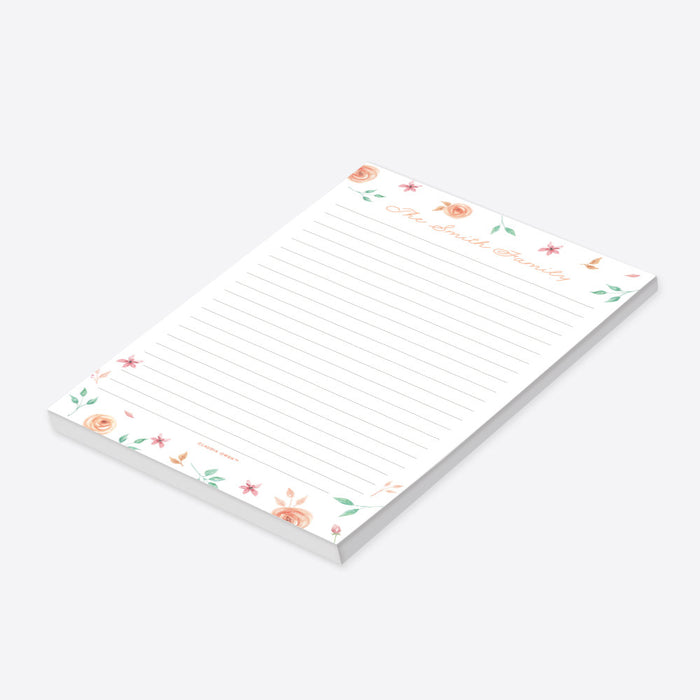 Floral notepad featuring soft pastel flowers and leaves, a personalized stationery gift for bridal showers, baby showers, Mother’s Day, and spring celebrations.-side