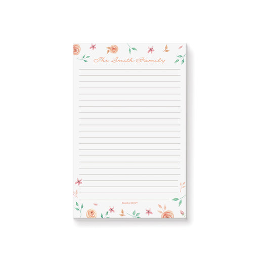 Floral notepad featuring soft pastel flowers and leaves, a personalized stationery gift for bridal showers, baby showers, Mother’s Day, and spring celebrations.