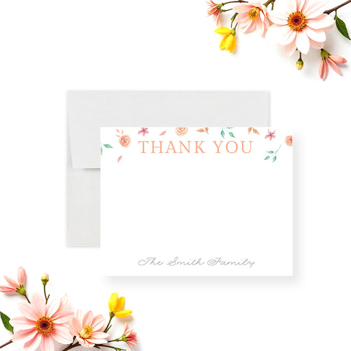 Floral thank you card featuring soft pastel flowers, personalized stationery suitable for women or spring celebrations.-front