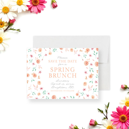 Floral save the date card with soft pastel flower wreath and greenery, a party date reminder for any spring events-front
