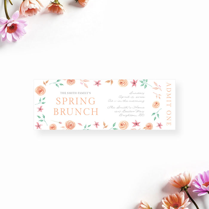 Floral ticket invitation featuring soft pastel flower illustrations, a custom event pass for spring gatherings and brunch parties.
