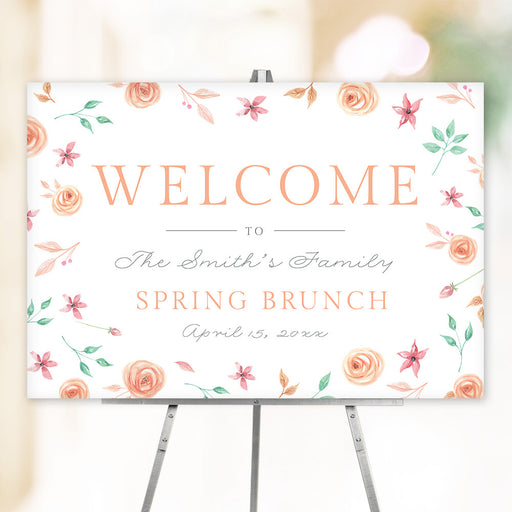 Floral welcome sign with soft pastel flowers illustration, ideal for spring event entrances and party decorations.