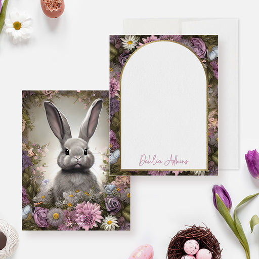 Personalized Easter note card with arch-shaped frame, gray bunny illustration, and a purple floral border, perfect for spring and holiday messages.