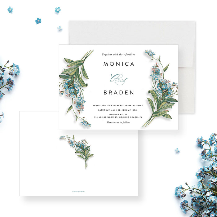 Floral Wedding Invitation Card, Spring Wedding Invites with Forget Me Nots Flower Illustrations, Wedding Shower Invitations with Blue Flowers