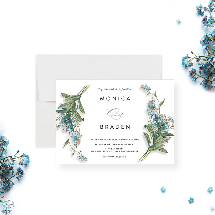 Floral Wedding Invitation Card, Spring Wedding Invites with Forget Me Nots Flower Illustrations, Wedding Shower Invitations with Blue Flowers