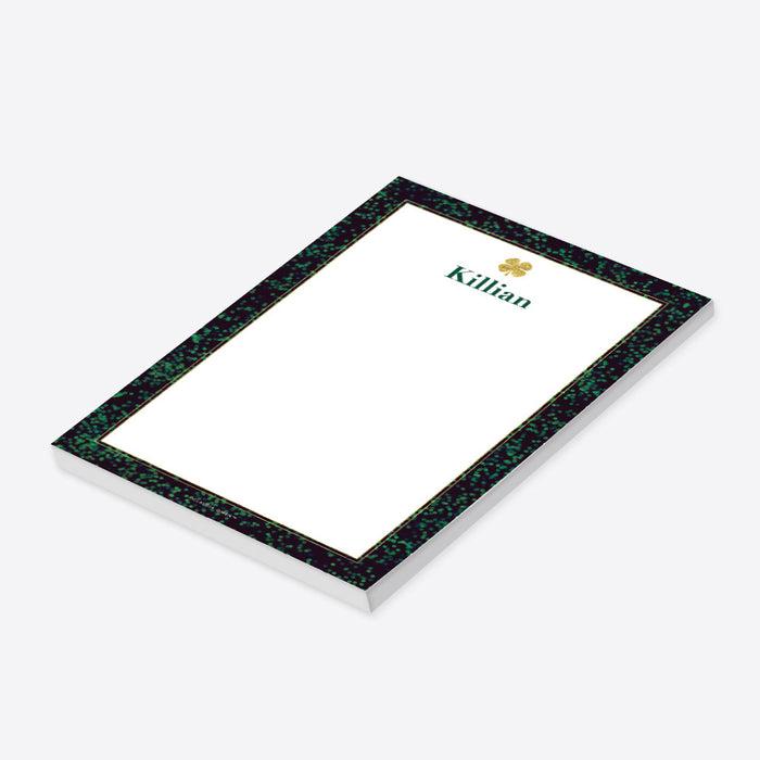 Personalized St Patrick’s Day notepad with green shamrock border design, ideal for holiday stationery, office notes, or festive gifts.