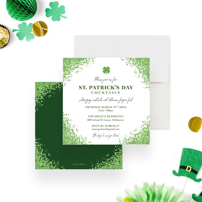 St. Patrick's Day cocktail party invitation with a green speckled border, four-leaf clover and personalized event details-front-back