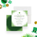 St. Patrick's Day cocktail party invitation with a green speckled border, four-leaf clover and personalized event details-front-back