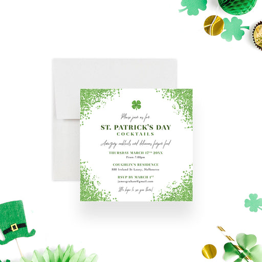 St. Patrick's Day cocktail party invitation with a green speckled border, four-leaf clover and personalized event details-front