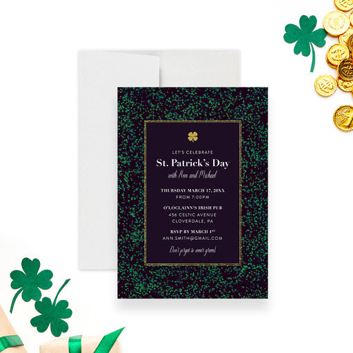 An invitation card with a green background and gold details, featuring a four leaf clover and text that reads 'St. Patrick's Day Celebration'.