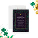 An invitation card with a green background and gold details, featuring a four leaf clover and text that reads 'St. Patrick's Day Celebration'.