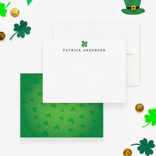 St. Patrick’s Day personalized note card featuring a green four-leaf clover shamrock design-front-back