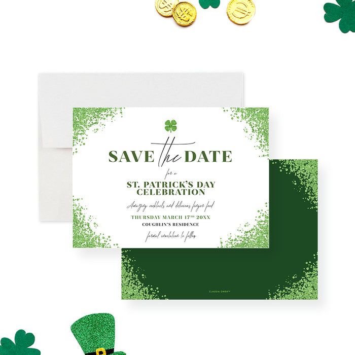 St. Patrick's Day cocktail party save the date card with a green speckled border, four-leaf clover and personalized details-front-back